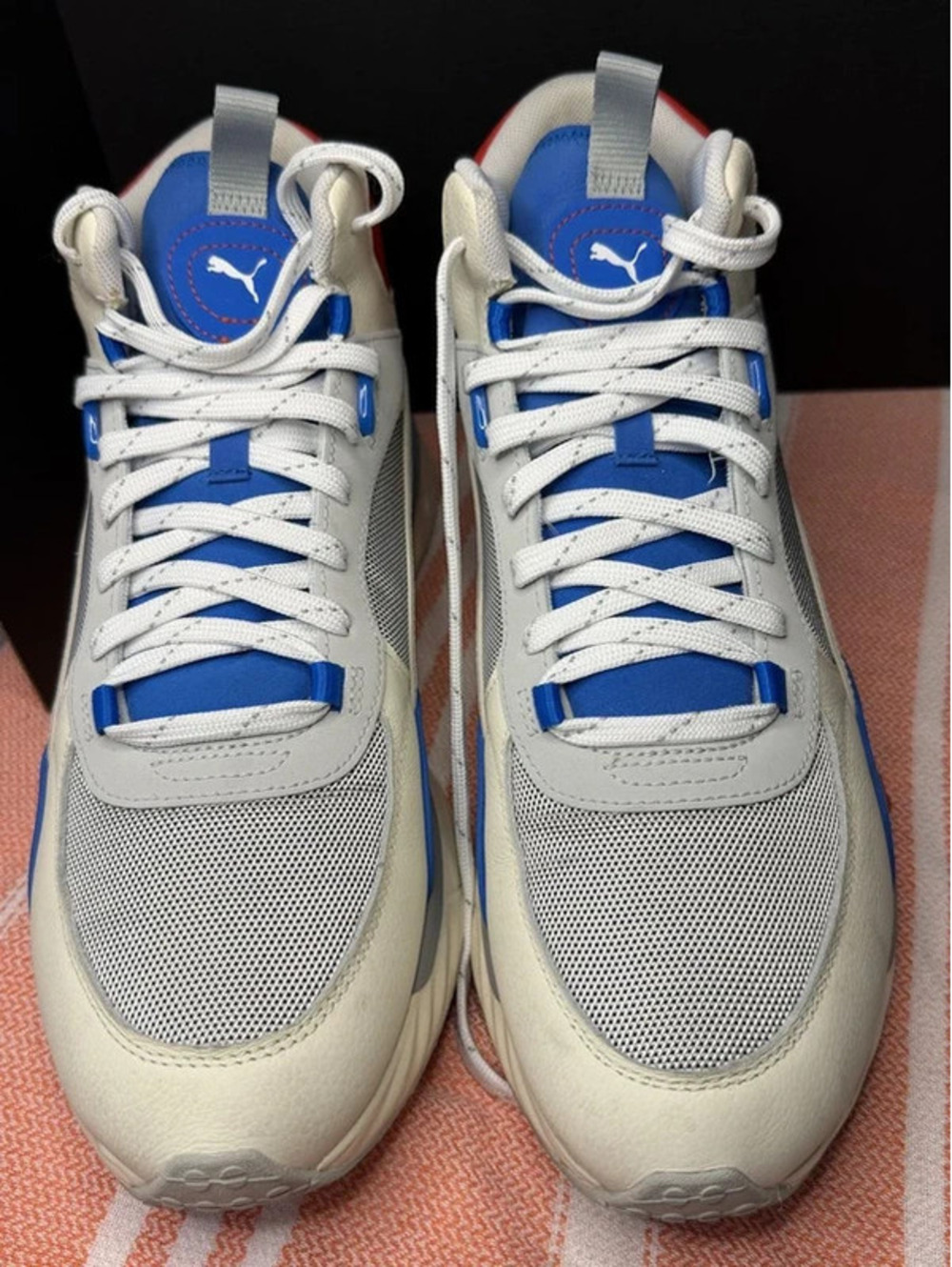 #851 Puma White Gray Blue Red High Top Sneakers - Men's Size 12